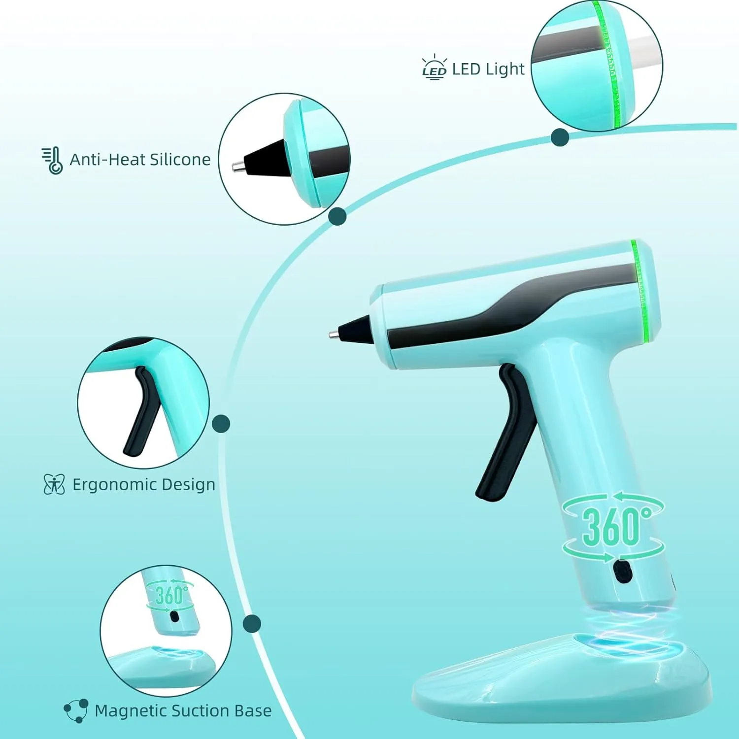 Cordless Hot Glue Gun, Rechargeable Hot Melt Glue Gun 2Ah Built-in Battery Smart Power-Off, Mini Glue Gun Kit with 30pcs Premium Glue Sticks, 10pcs Wood Craft Sticks, Case for DIY, Arts&Crafts