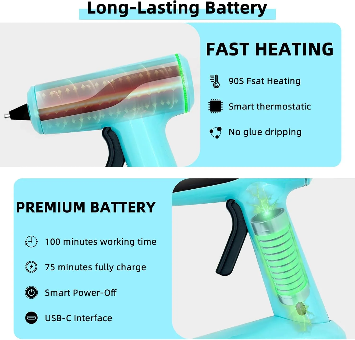 Cordless Hot Glue Gun, Rechargeable Hot Melt Glue Gun 2Ah Built-in Battery Smart Power-Off, Mini Glue Gun Kit with 30pcs Premium Glue Sticks, 10pcs Wood Craft Sticks, Case for DIY, Arts&Crafts
