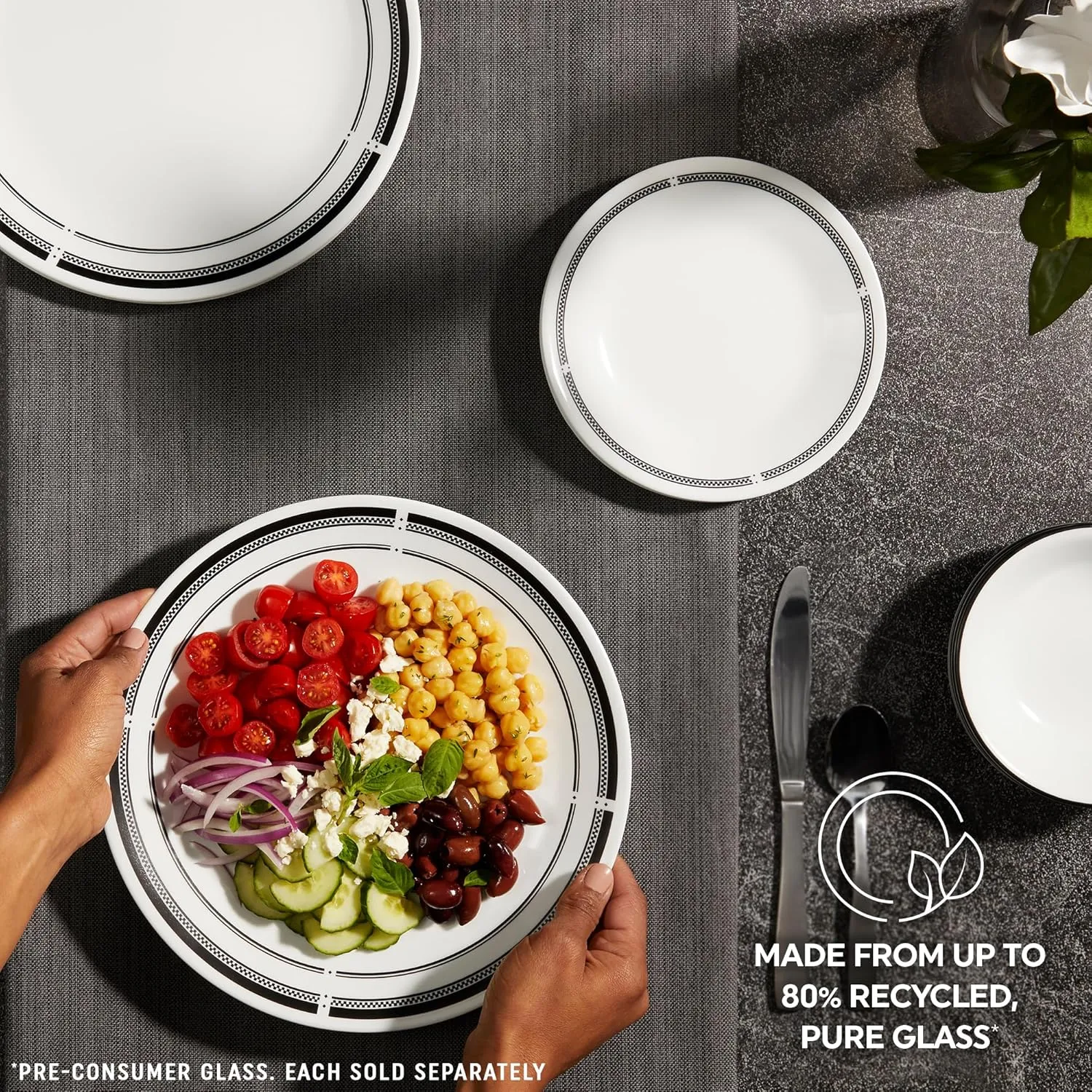 Corelle 6-Piece 8.5" Lunch Round Plates, Vitrelle Triple Layer Glass, Lightweight Round Plates, Salad Plates, Chip and Scratch Resistant, Microwave and Dishwasher Safe, Brasserie, Medium