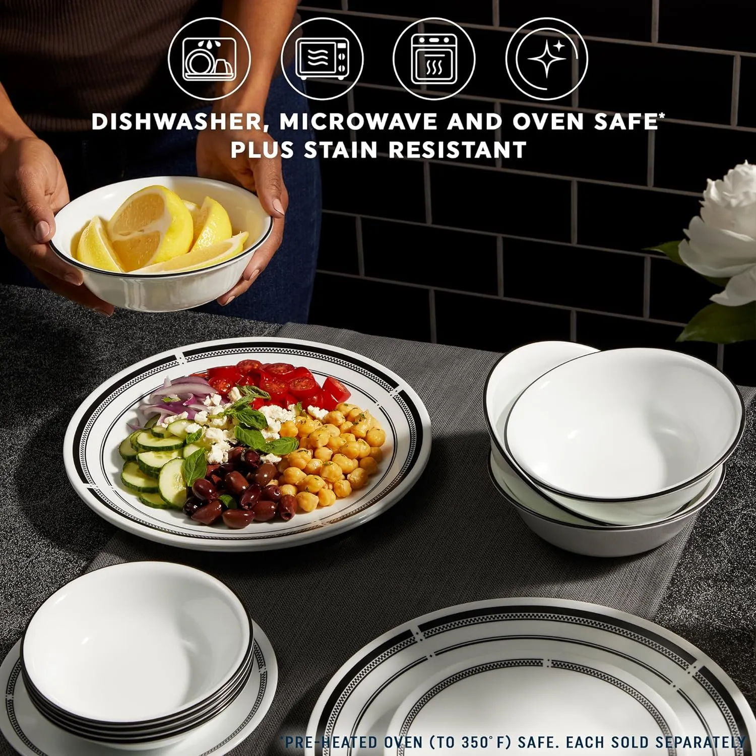 Corelle 6-Piece 8.5" Lunch Round Plates, Vitrelle Triple Layer Glass, Lightweight Round Plates, Salad Plates, Chip and Scratch Resistant, Microwave and Dishwasher Safe, Brasserie, Medium