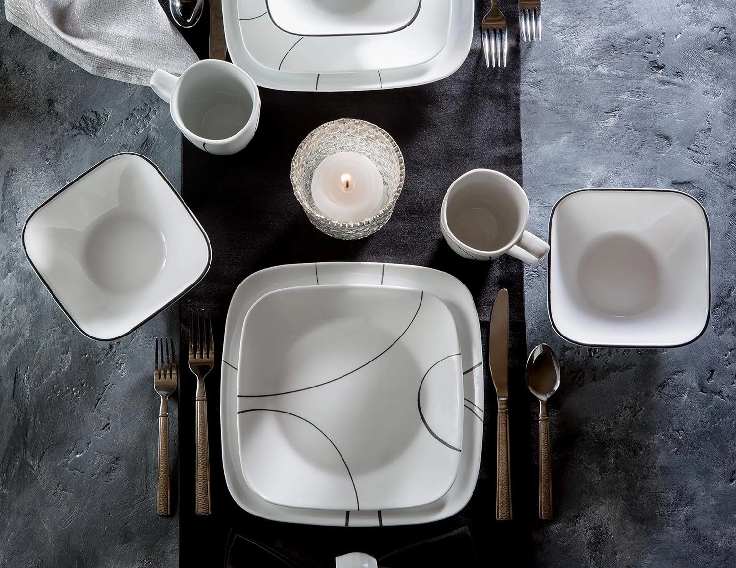 Corelle 18-Piece Service for 6 Dinnerware Set Triple Layer Glass and Chip Resistant, Lightweight Square Plates and Bowls Set, Simple Lines