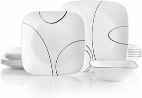 Corelle 18-Piece Service for 6 Dinnerware Set Triple Layer Glass and Chip Resistant, Lightweight Square Plates and Bowls Set, Simple Lines