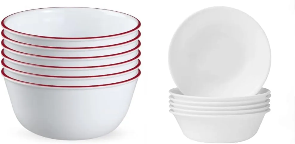 Corelle,Glass 28oz Red Band Bowl 6pk & Cereal Bowl Set for 6 | 18 Ounce Reusable Soup Bowls in Winter Frost White, Dishwasher and Microwave Safe