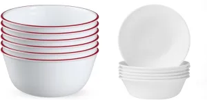 Corelle,Glass 28oz Red Band Bowl 6pk & Cereal Bowl Set for 6 | 18 Ounce Reusable Soup Bowls in Winter Frost White, Dishwasher and Microwave Safe