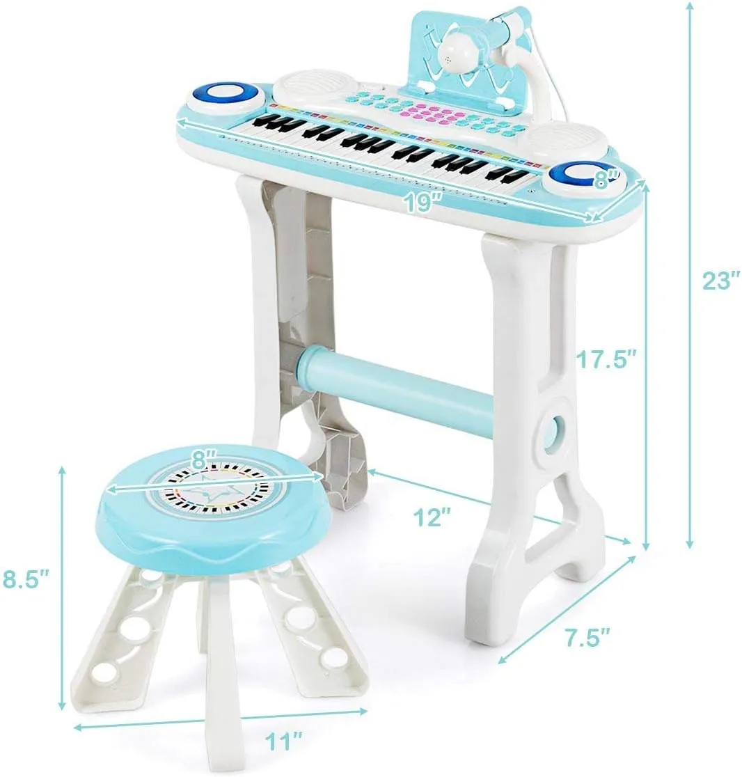 Costzon 37-Key Kids Toy Keyboard Piano with Detachable Legs, Bench, Music Score, Flash Light, Build-in MP3 Songs, Microphone, Record Playback for Birthday (Blue)
