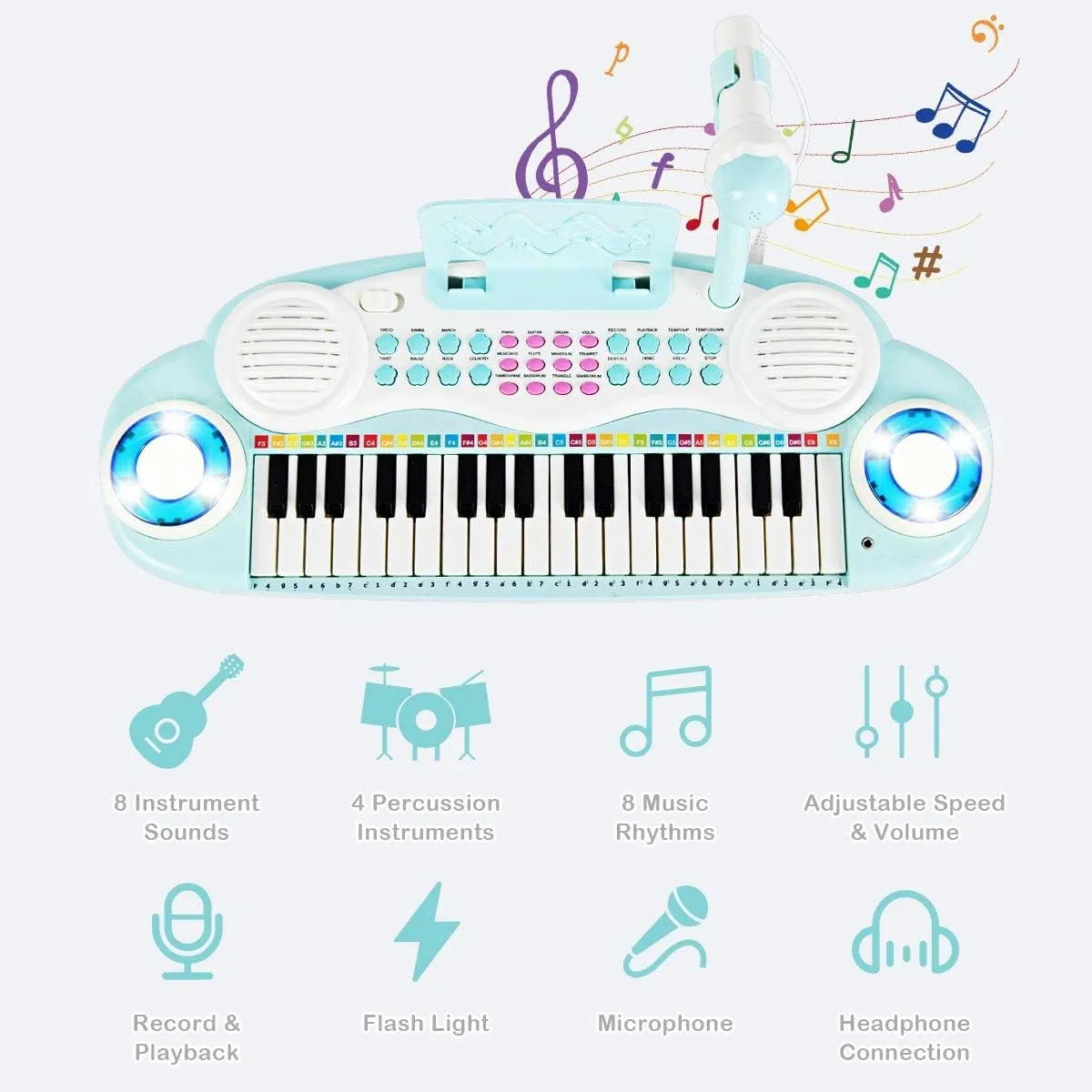 Costzon 37-Key Kids Toy Keyboard Piano with Detachable Legs, Bench, Music Score, Flash Light, Build-in MP3 Songs, Microphone, Record Playback for Birthday (Blue)