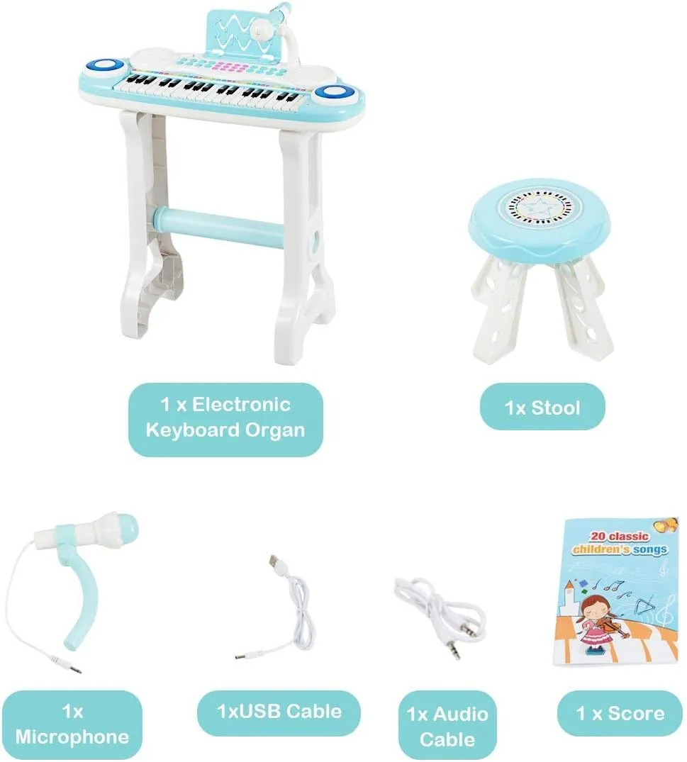 Costzon 37-Key Kids Toy Keyboard Piano with Detachable Legs, Bench, Music Score, Flash Light, Build-in MP3 Songs, Microphone, Record Playback for Birthday (Blue)