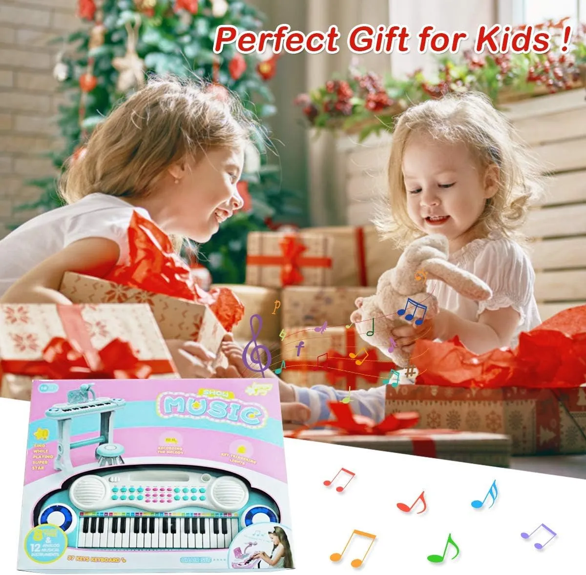 Costzon 37-Key Kids Toy Keyboard Piano with Detachable Legs, Bench, Music Score, Flash Light, Build-in MP3 Songs, Microphone, Record Playback for Birthday (Blue)