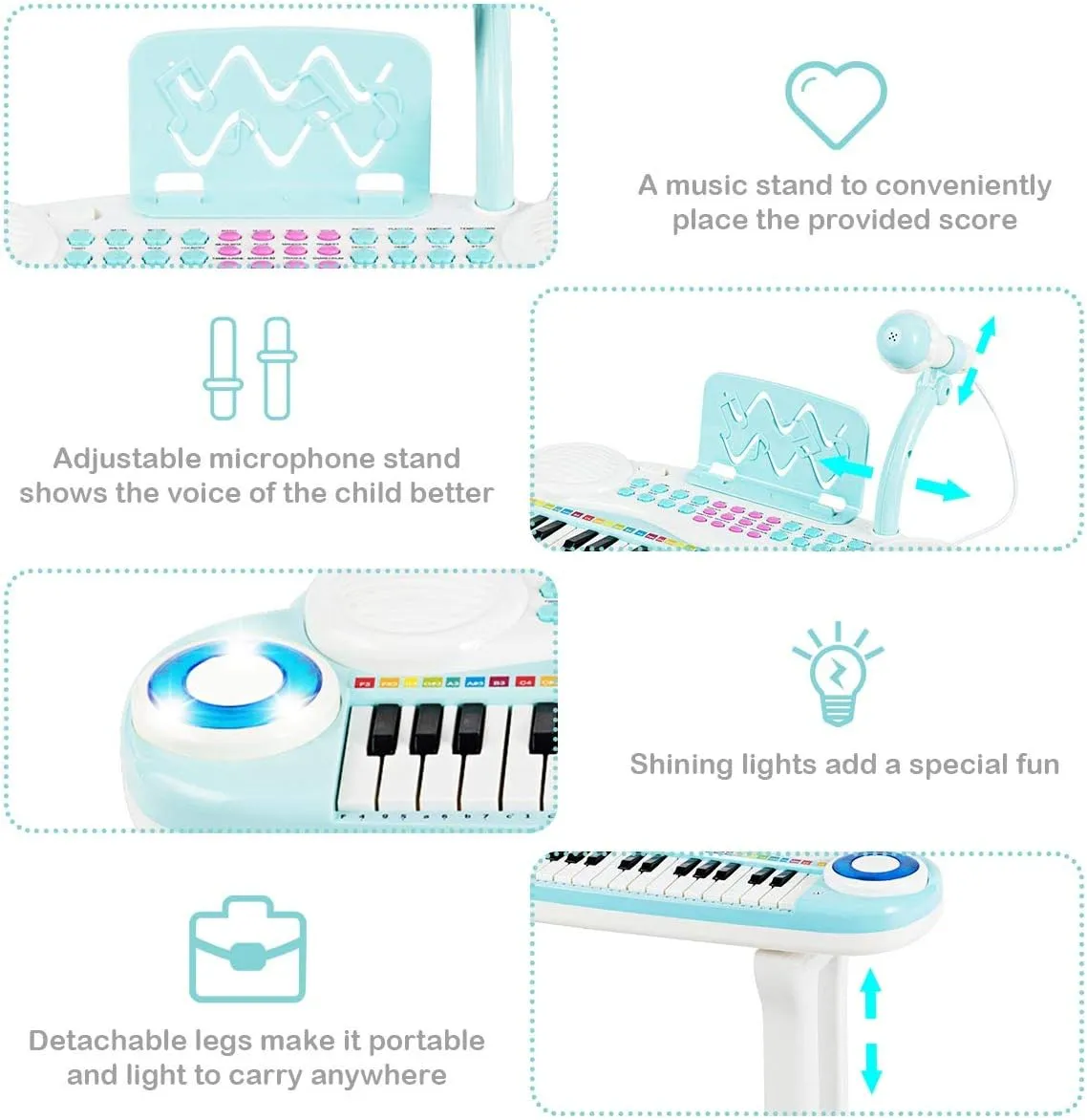 Costzon 37-Key Kids Toy Keyboard Piano with Detachable Legs, Bench, Music Score, Flash Light, Build-in MP3 Songs, Microphone, Record Playback for Birthday (Blue)