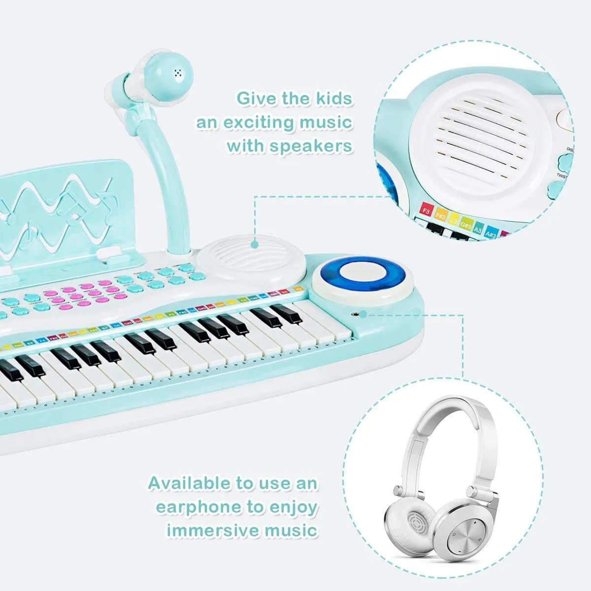 Costzon 37-Key Kids Toy Keyboard Piano with Detachable Legs, Bench, Music Score, Flash Light, Build-in MP3 Songs, Microphone, Record Playback for Birthday (Blue)