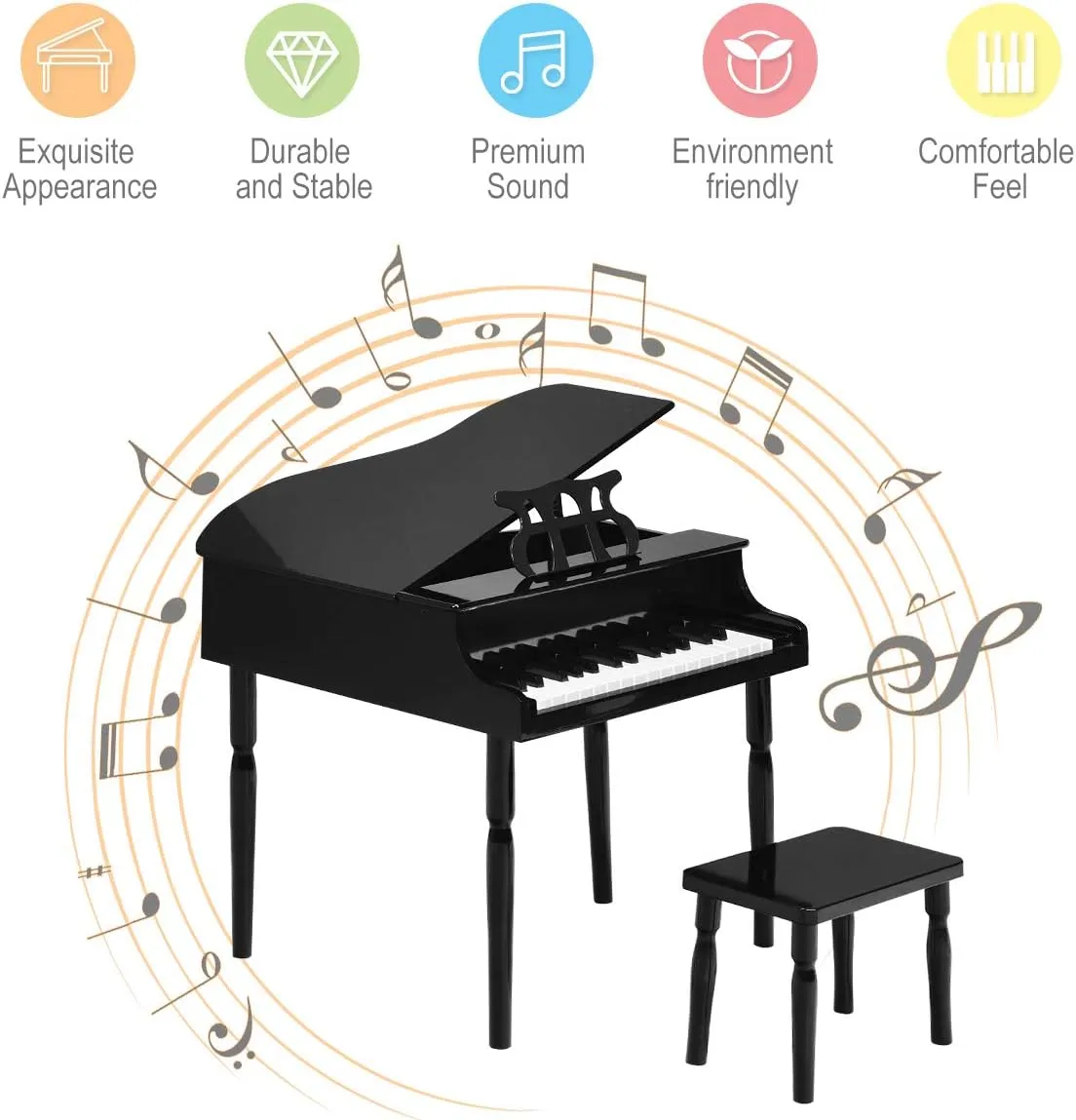 Costzon Classical Kids Piano, 30 Keys Wood Toy Grand Piano with Music Stand and Bench, Mini Musical Toy for Child, Ideal for Children's Room, Toy Room, Best Gifts (Straight Leg, Black)