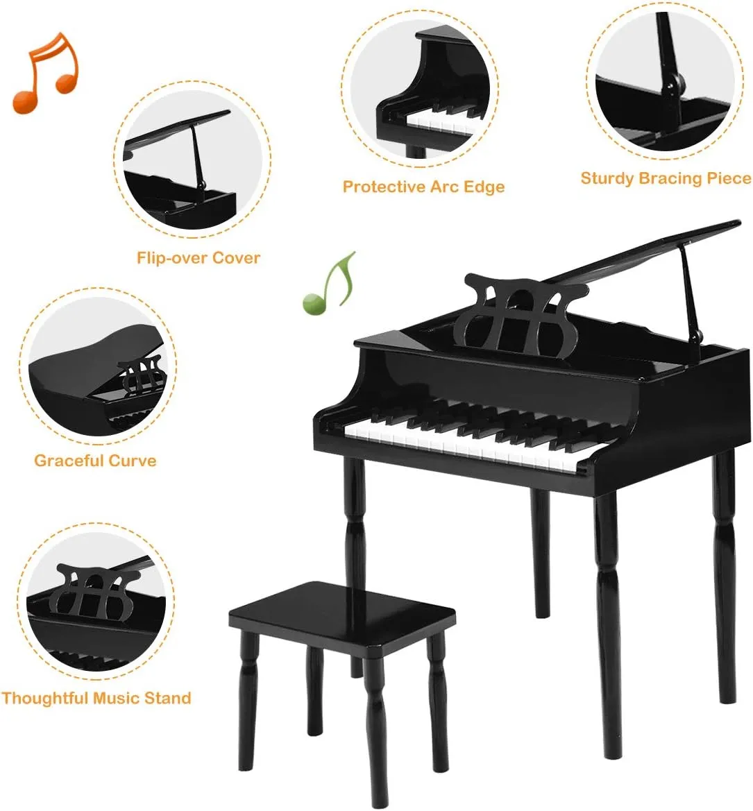 Costzon Classical Kids Piano, 30 Keys Wood Toy Grand Piano with Music Stand and Bench, Mini Musical Toy for Child, Ideal for Children's Room, Toy Room, Best Gifts (Straight Leg, Black)