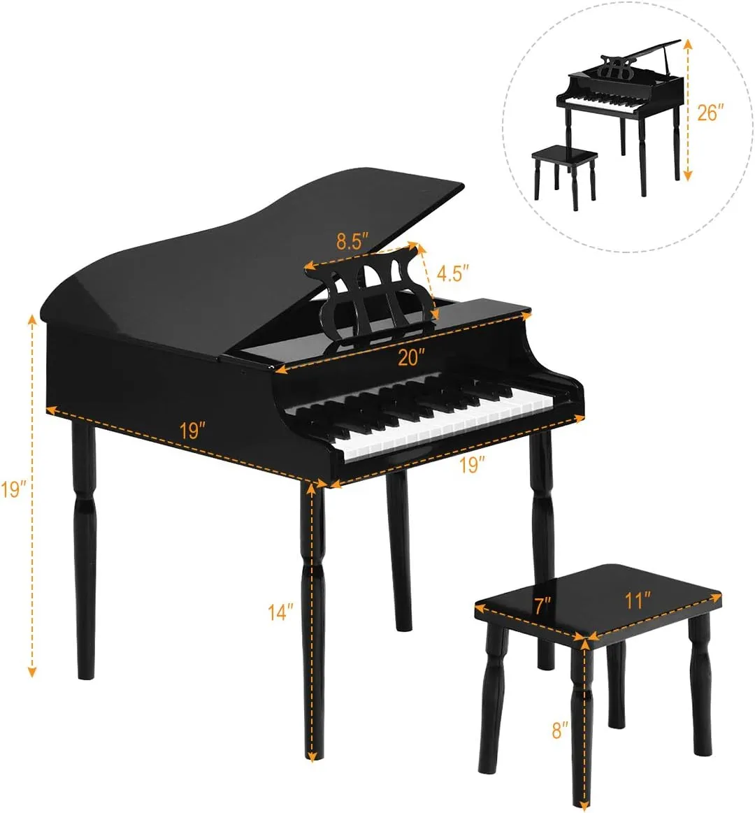 Costzon Classical Kids Piano, 30 Keys Wood Toy Grand Piano with Music Stand and Bench, Mini Musical Toy for Child, Ideal for Children's Room, Toy Room, Best Gifts (Straight Leg, Black)