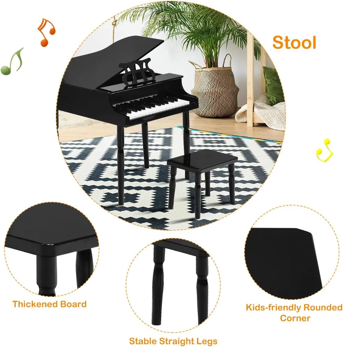 Costzon Classical Kids Piano, 30 Keys Wood Toy Grand Piano with Music Stand and Bench, Mini Musical Toy for Child, Ideal for Children's Room, Toy Room, Best Gifts (Straight Leg, Black)
