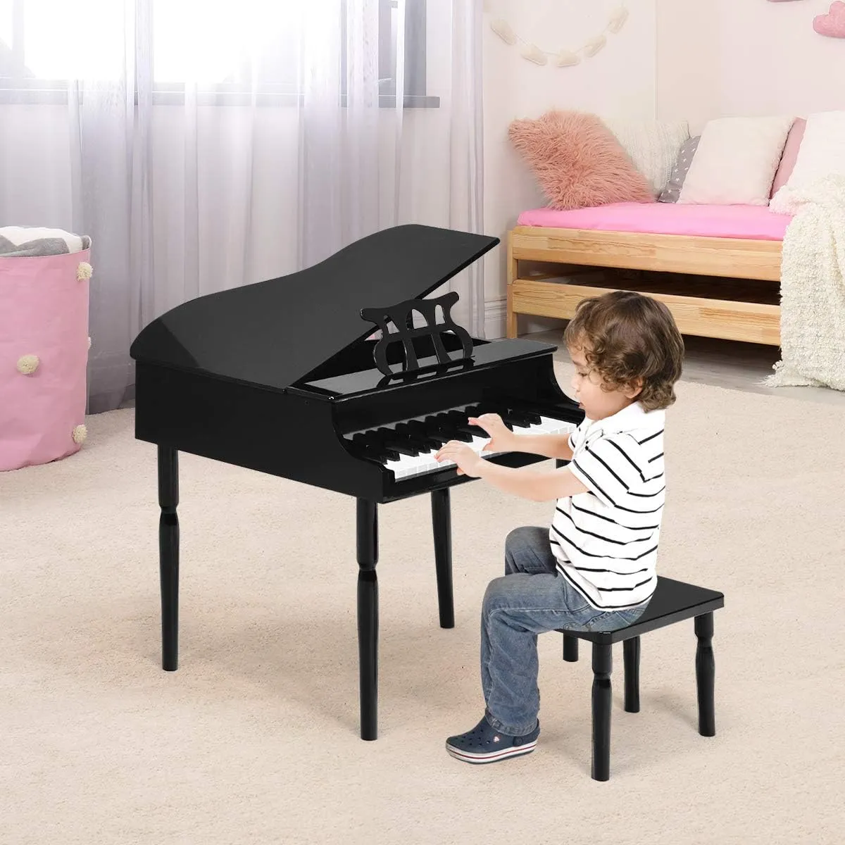 Costzon Classical Kids Piano, 30 Keys Wood Toy Grand Piano with Music Stand and Bench, Mini Musical Toy for Child, Ideal for Children's Room, Toy Room, Best Gifts (Straight Leg, Black)