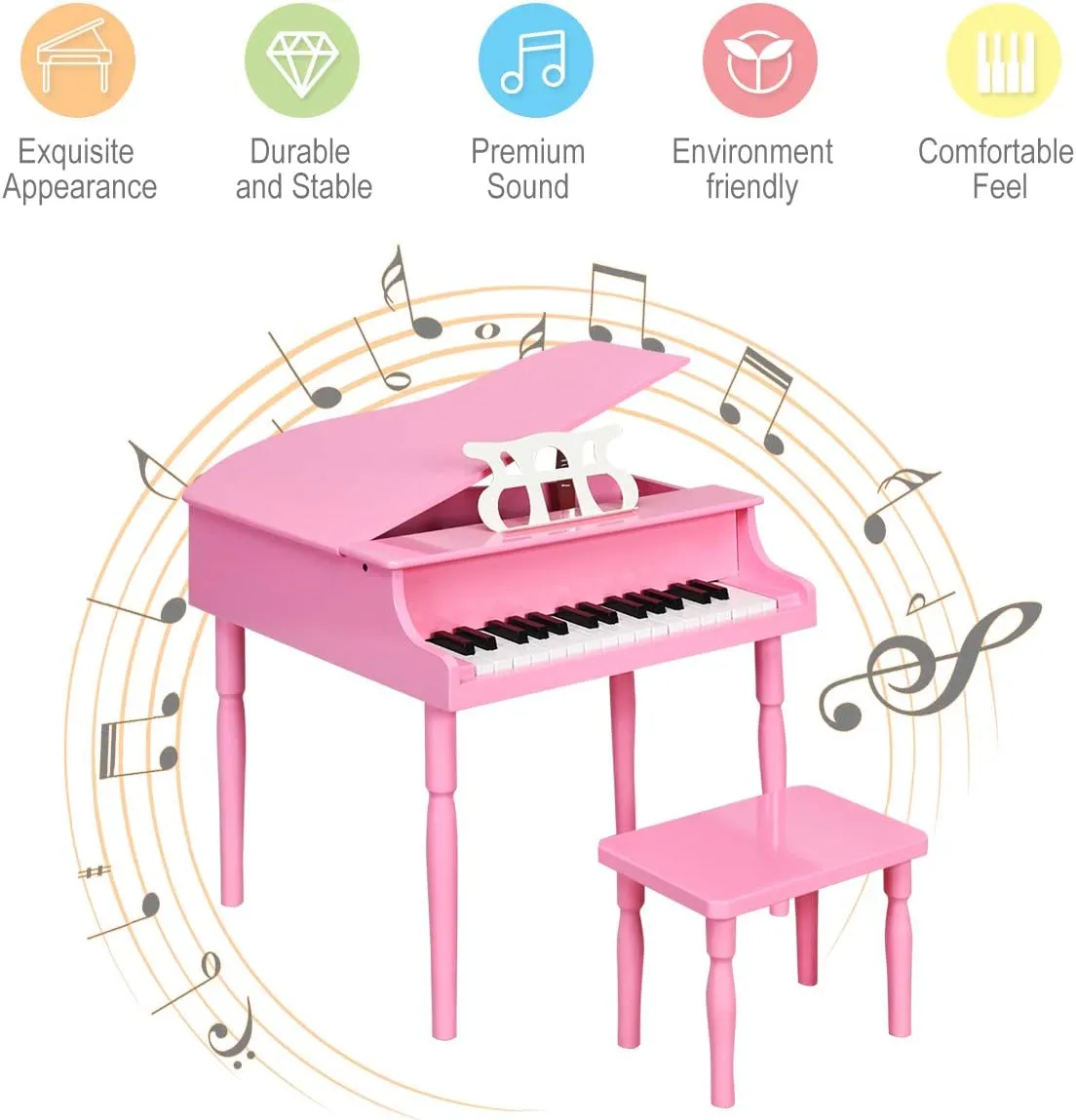 Costzon Classical Kids Piano, 30 Keys Wood Toy Grand Piano with Music Stand and Bench, Mini Musical Toy for Child, Ideal for Children's Room, Toy Room, Best Gifts (Straight Leg, Pink)