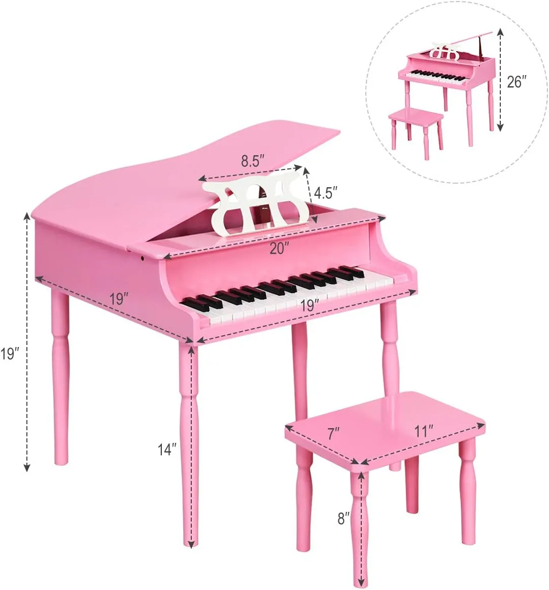 Costzon Classical Kids Piano, 30 Keys Wood Toy Grand Piano with Music Stand and Bench, Mini Musical Toy for Child, Ideal for Children's Room, Toy Room, Best Gifts (Straight Leg, Pink)