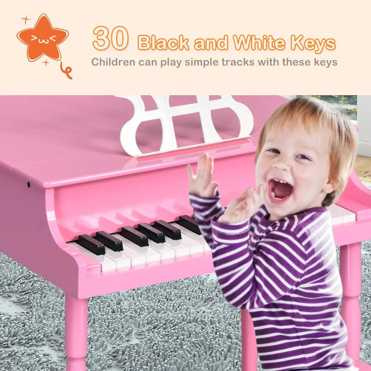 Costzon Classical Kids Piano, 30 Keys Wood Toy Grand Piano with Music Stand and Bench, Mini Musical Toy for Child, Ideal for Children's Room, Toy Room, Best Gifts (Straight Leg, Pink)
