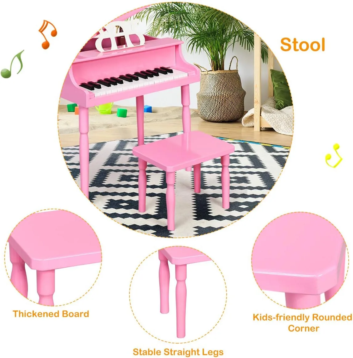Costzon Classical Kids Piano, 30 Keys Wood Toy Grand Piano with Music Stand and Bench, Mini Musical Toy for Child, Ideal for Children's Room, Toy Room, Best Gifts (Straight Leg, Pink)