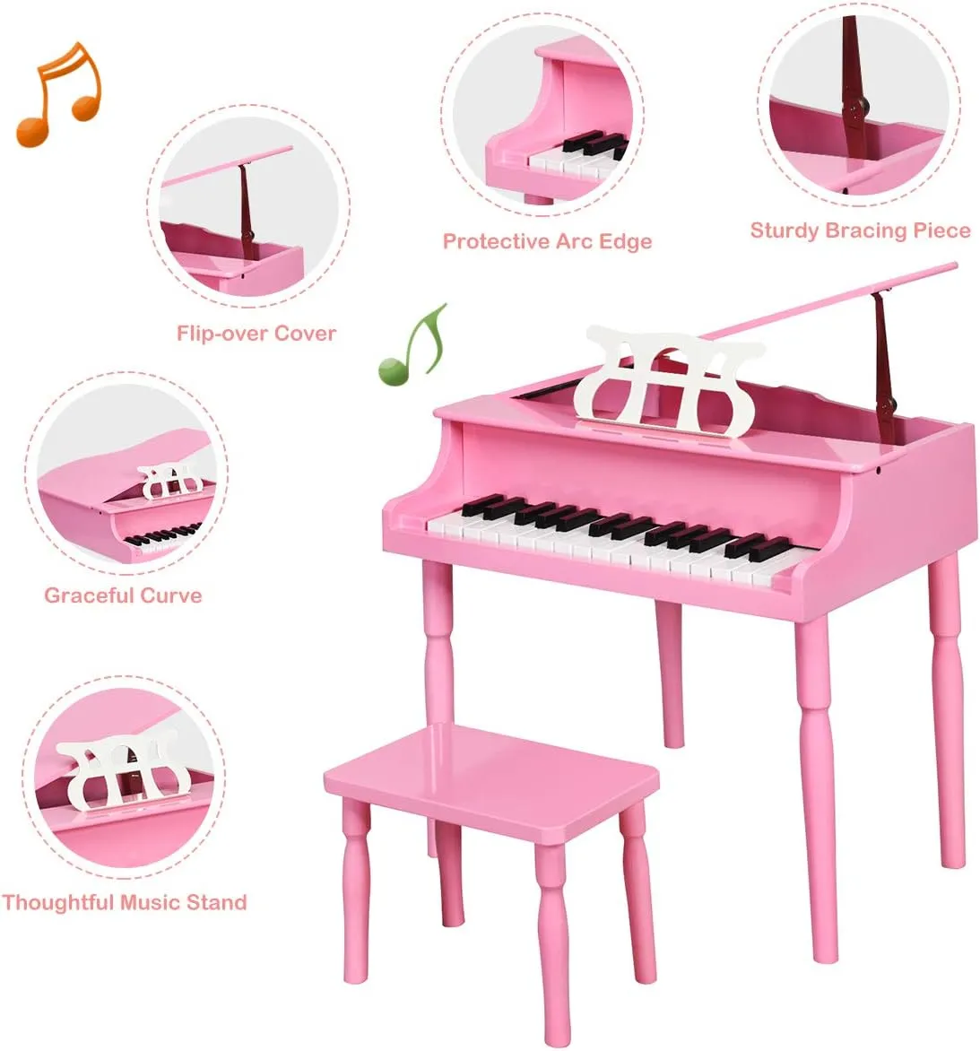 Costzon Classical Kids Piano, 30 Keys Wood Toy Grand Piano with Music Stand and Bench, Mini Musical Toy for Child, Ideal for Children's Room, Toy Room, Best Gifts (Straight Leg, Pink)
