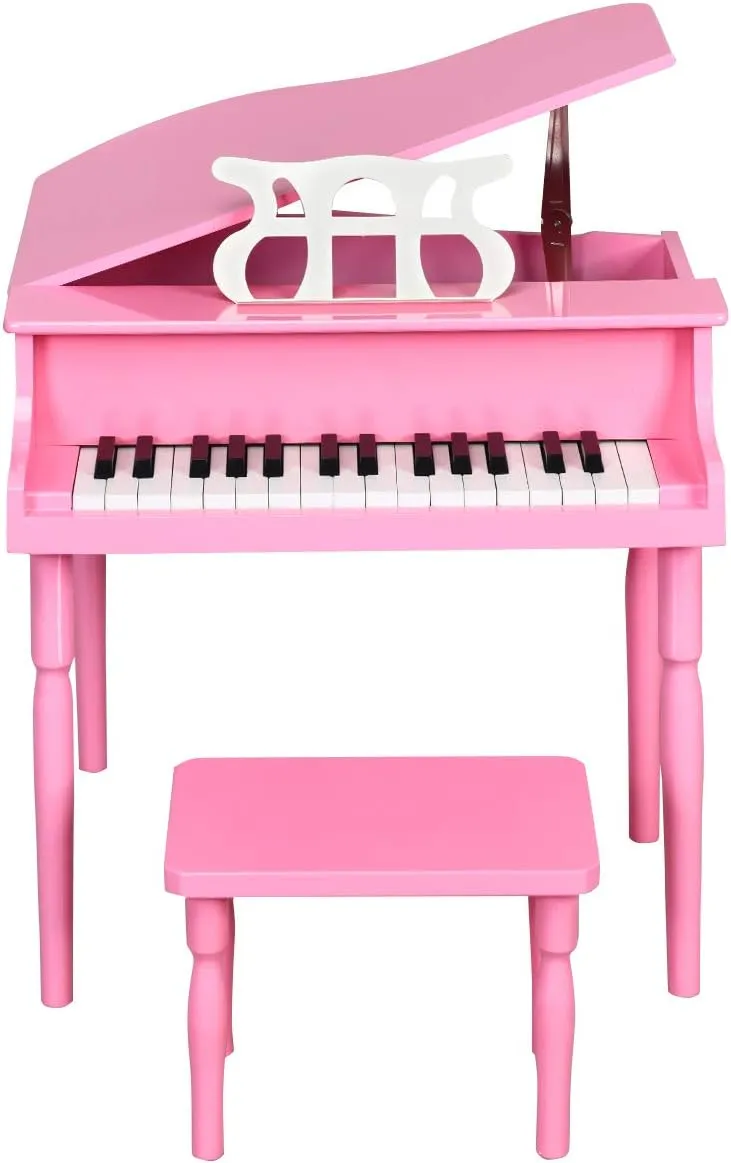 Costzon Classical Kids Piano, 30 Keys Wood Toy Grand Piano with Music Stand and Bench, Mini Musical Toy for Child, Ideal for Children's Room, Toy Room, Best Gifts (Straight Leg, Pink)