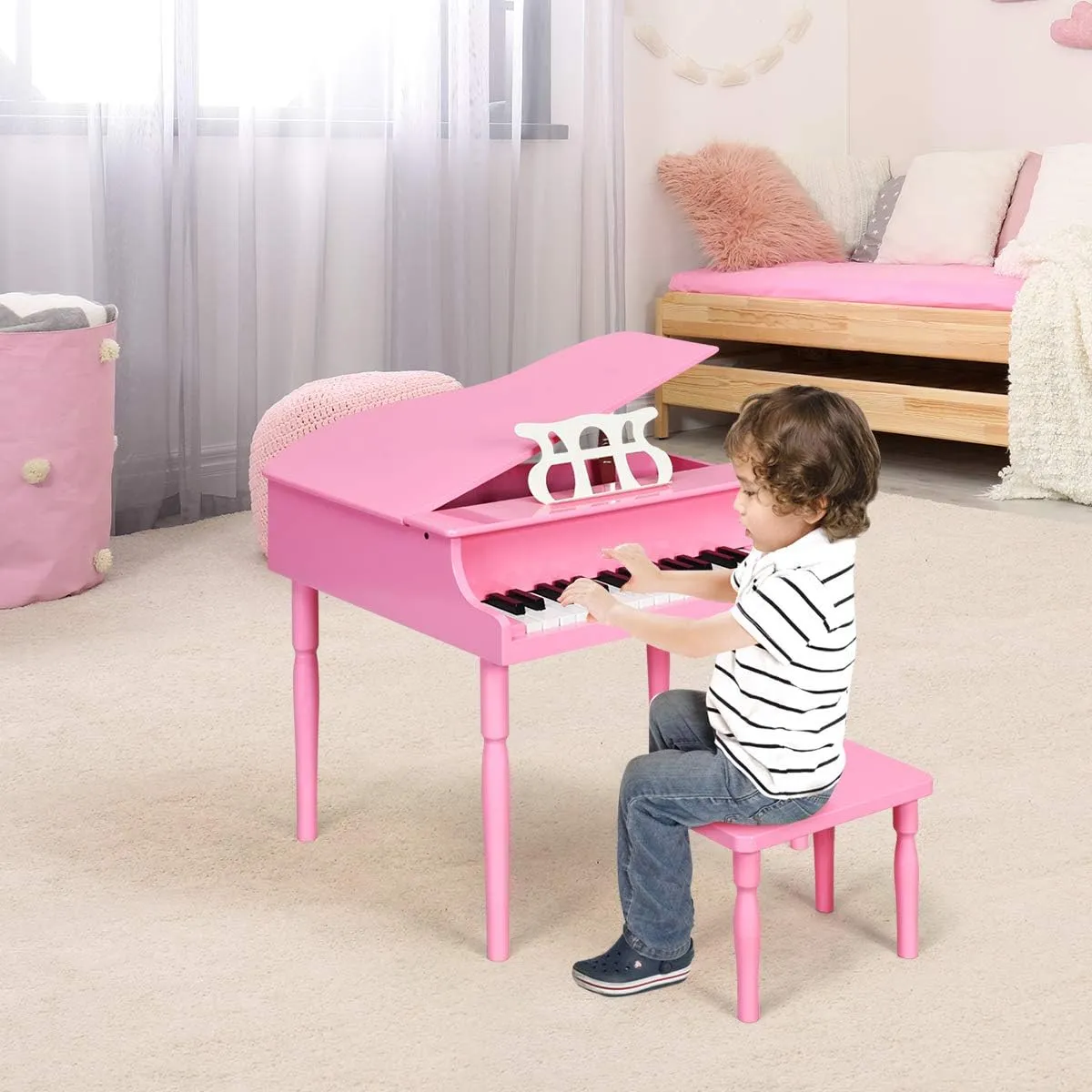 Costzon Classical Kids Piano, 30 Keys Wood Toy Grand Piano with Music Stand and Bench, Mini Musical Toy for Child, Ideal for Children's Room, Toy Room, Best Gifts (Straight Leg, Pink)