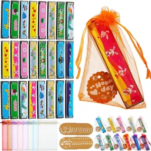 Coume 24 Sets Harmonica Cartoon Mouth Harp for Kids 16 Holes Mouth Harp Birthday Return Gifts with Organza Bag and Tag Graduation Party Gift for Child Beginner Musical Party Favor, Random Color