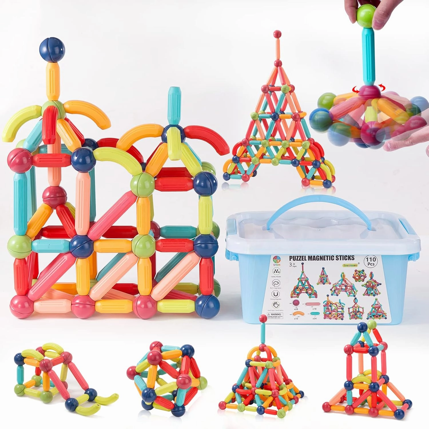 COUOMOXA Magnetic Sticks STEM for Kids: 3 4 5 6 7 8  Year Old 110pcs Educational Magnetic Construction Set - Learning Toy for 3-12 Kids Classroom Home - Birthday Gift for Boys Girls