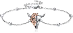 Cow Skull Bracelet Sterling Silver Turquoise Western Bull Head Adjustable Bracelet with Flower Western Country Jewelry for Women