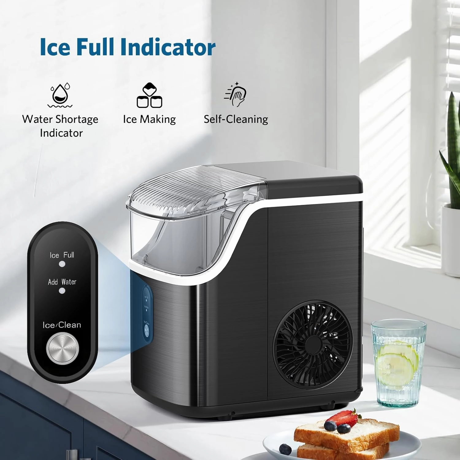 COWSAR Nugget Ice Makers Countertop Soft Chewable Pellet Ice Machine with Auto-Cleaning Function, 35Lbs/24H, Portable Ice Makers for Kitchen, Office, Home，Black