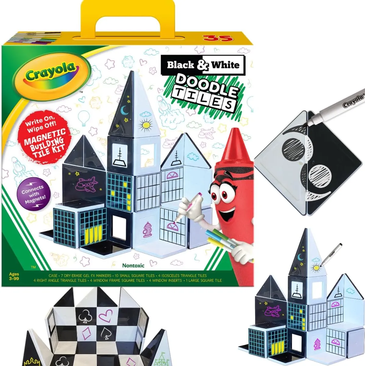 CreateOn Crayola Black & White Doodle Magnetic Tiles, Magnetic Building Toys for Kids, STEM Toys for Boys and Girls Ages 3  (35-Piece Set)