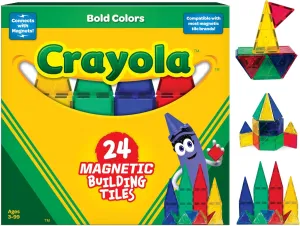 CreateOn Crayola Bold Magnetic Tiles, Building Set for Kids, Magnetic Tiles, Kids’ Building Toys, STEM and Montessori Toys for Boys and Girls Ages 3 , 24-Piece Set (Bold)