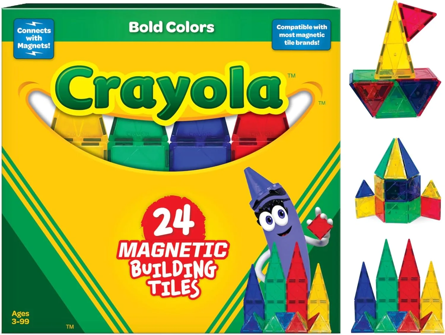 CreateOn Crayola Bold Magnetic Tiles, Building Set for Kids, Magnetic Tiles, Kids’ Building Toys, STEM and Montessori Toys for Boys and Girls Ages 3 , 24-Piece Set (Bold)