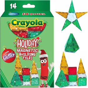 CreateOn Crayola Holiday Glitter Magnetic Tiles, Building Set for Kids, Magnetic Building Toys for Kids, STEM Travel Toys for Boys and Girls Ages 3 , 14-Piece Set (Holiday Glitter)