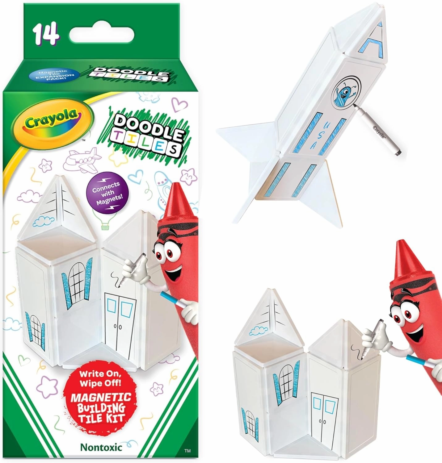 CreateOn Crayola Doodle Magnetic Tiles, Building Set for Kids, Magnetic Building Toys for Kids, STEM Travel Toys for Boys and Girls Ages 3 , 14-Piece Set (Doodle)