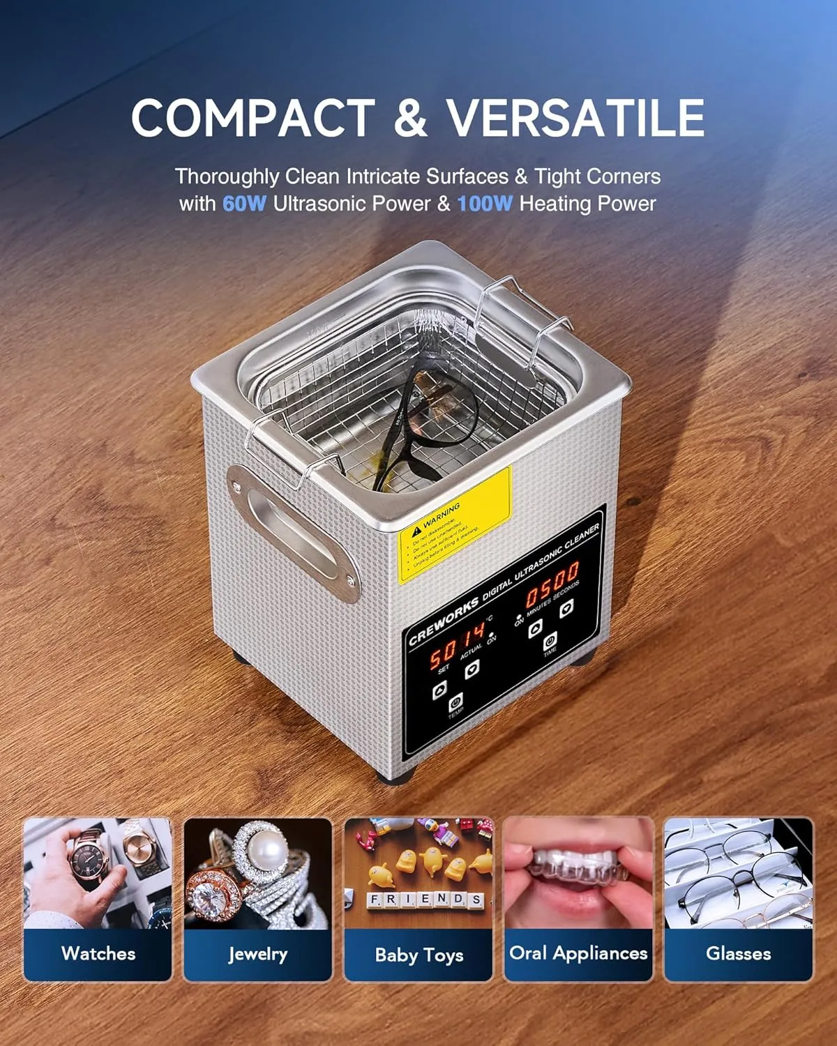 CREWORKS Professional Jewelry Cleaning Machine, 2L Jewelry Cleaning Ultrasonic Machine with Heater & Timer, Digital Sonic Cleaning Machine for Cleaning Denture Dental Irrigator Parts Retainer Glasses