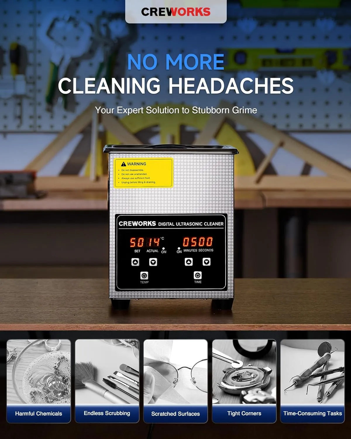 CREWORKS Professional Jewelry Cleaning Machine, 2L Jewelry Cleaning Ultrasonic Machine with Heater & Timer, Digital Sonic Cleaning Machine for Cleaning Denture Dental Irrigator Parts Retainer Glasses