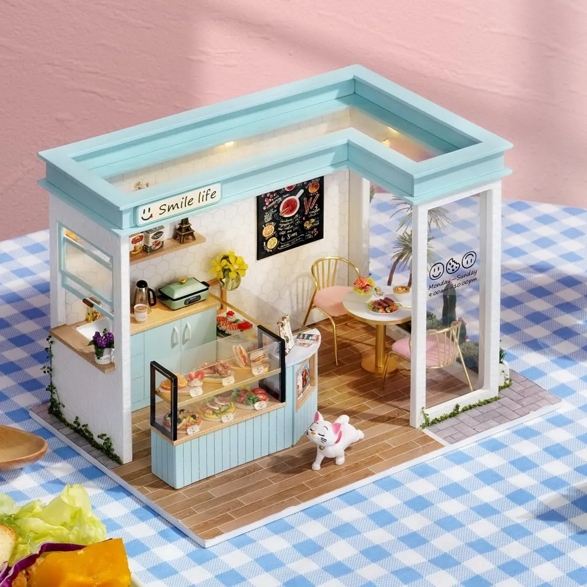 CRIOLPO DIY Miniature Doll House Kit, Tiny House Model Kits, DIY Doll Room Miniature House Kit, DIY Wooden Crafts Doll House, Tiny Handmade Kit With Furniture, For Unique DéCor -Smile Light Restaurant