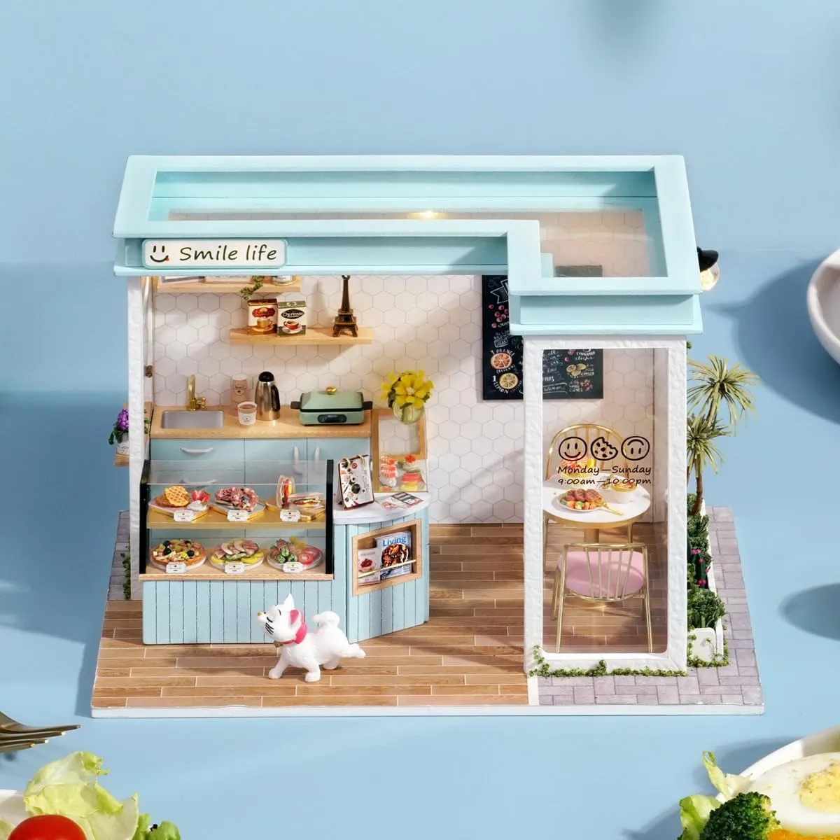 CRIOLPO DIY Miniature Doll House Kit, Tiny House Model Kits, DIY Doll Room Miniature House Kit, DIY Wooden Crafts Doll House, Tiny Handmade Kit With Furniture, For Unique DéCor -Smile Light Restaurant