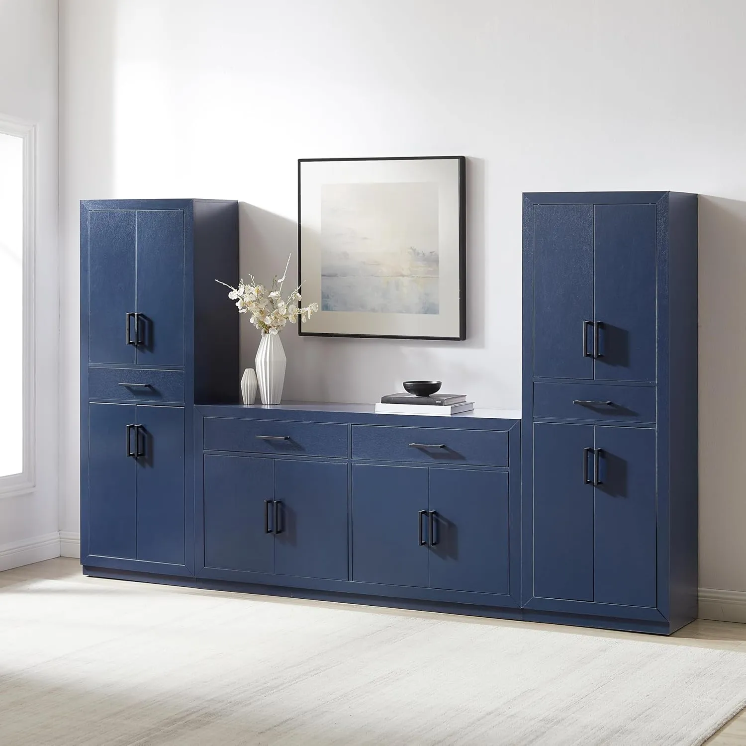 Crosley Furniture Isla 3-Piece Modern Sideboard Buffet Cabinet and Kitchen Storage Pantry Set, Navy