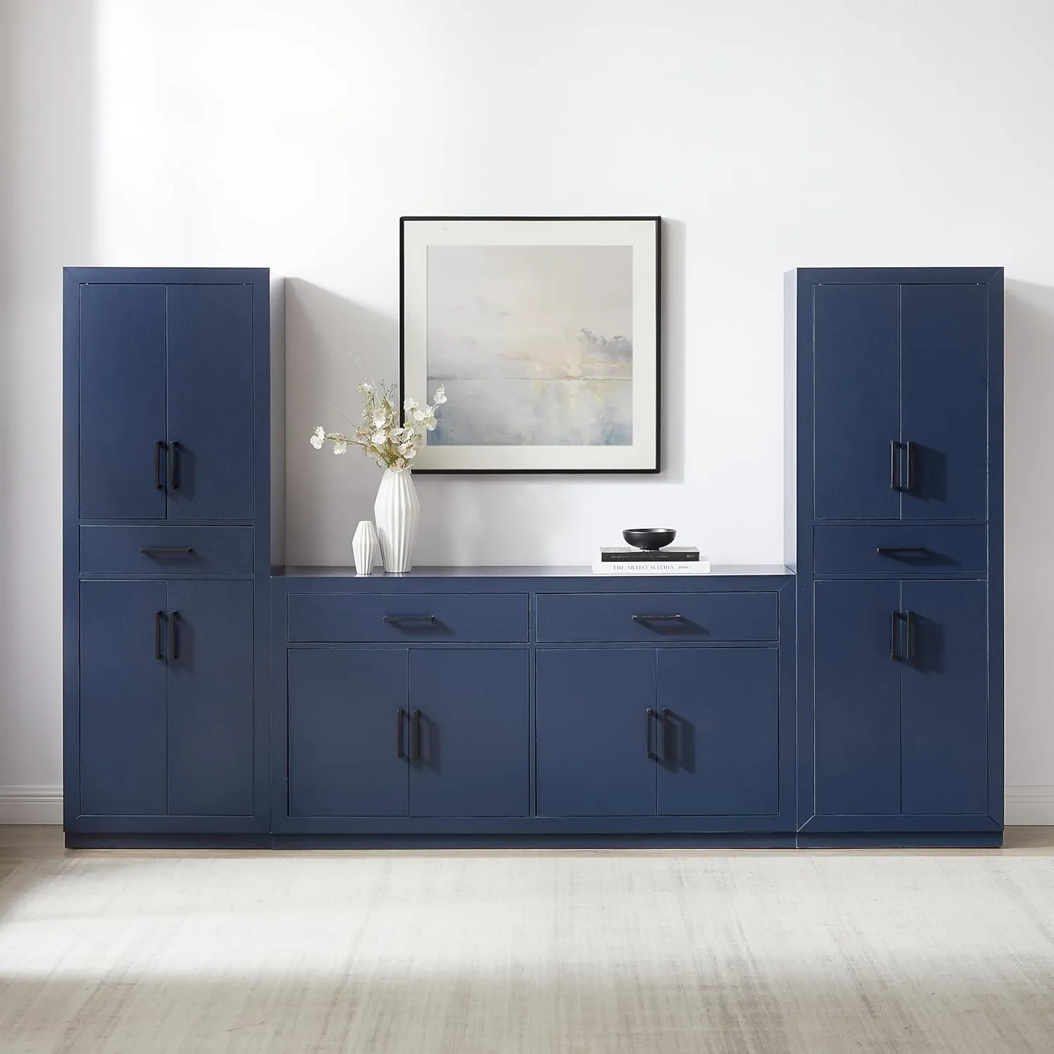 Crosley Furniture Isla 3-Piece Modern Sideboard Buffet Cabinet and Kitchen Storage Pantry Set, Navy