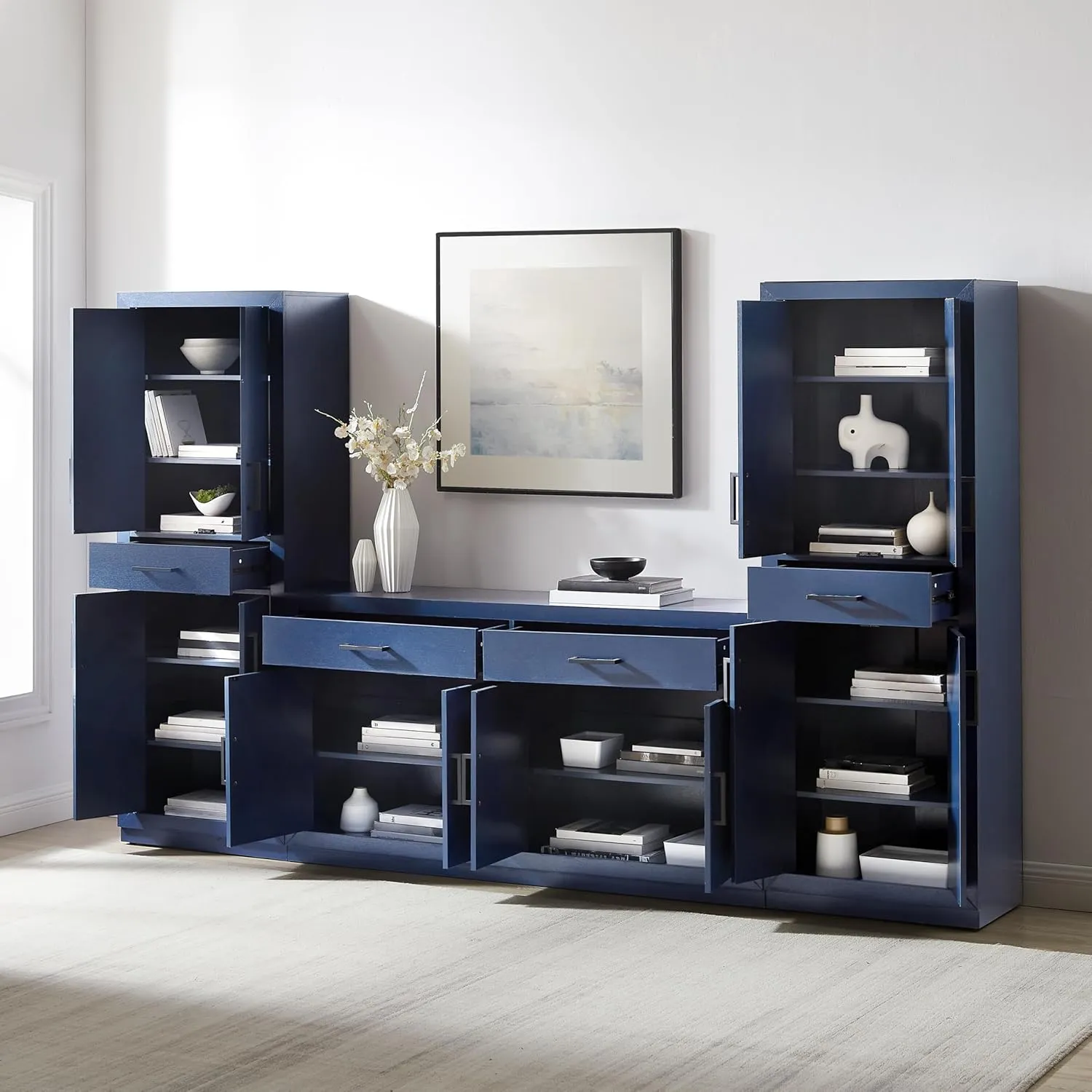 Crosley Furniture Isla 3-Piece Modern Sideboard Buffet Cabinet and Kitchen Storage Pantry Set, Navy