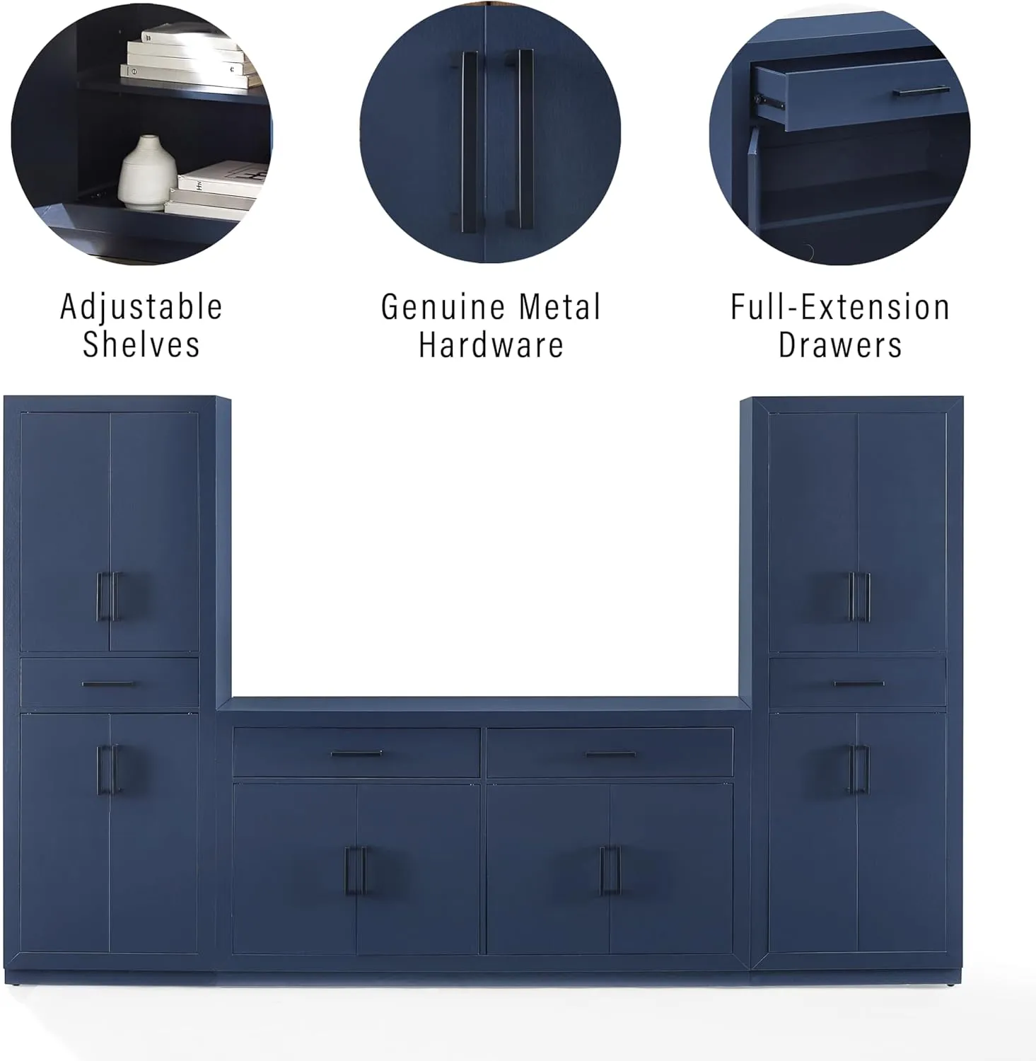 Crosley Furniture Isla 3-Piece Modern Sideboard Buffet Cabinet and Kitchen Storage Pantry Set, Navy