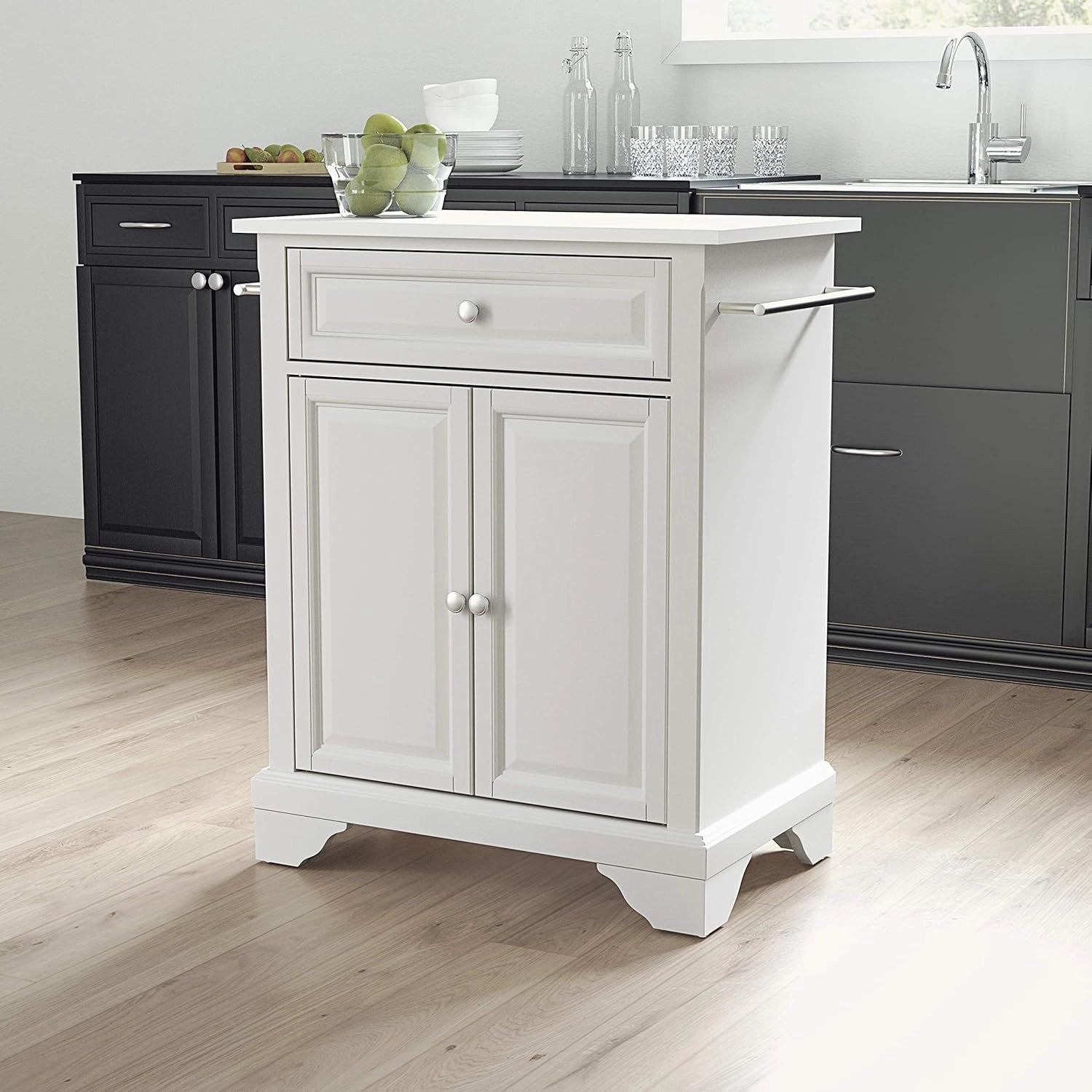 Crosley Furniture Lafayette Stone Top Small Portable Rolling Kitchen Island Storage Cart, Microwave Stand, White