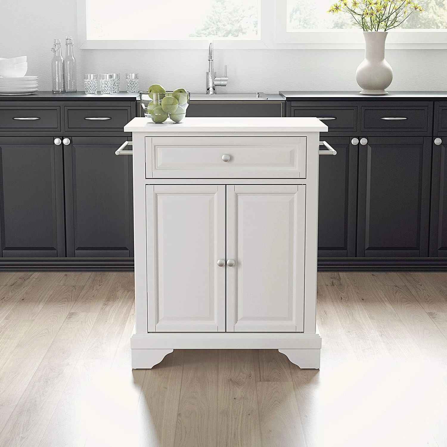 Crosley Furniture Lafayette Stone Top Small Portable Rolling Kitchen Island Storage Cart, Microwave Stand, White