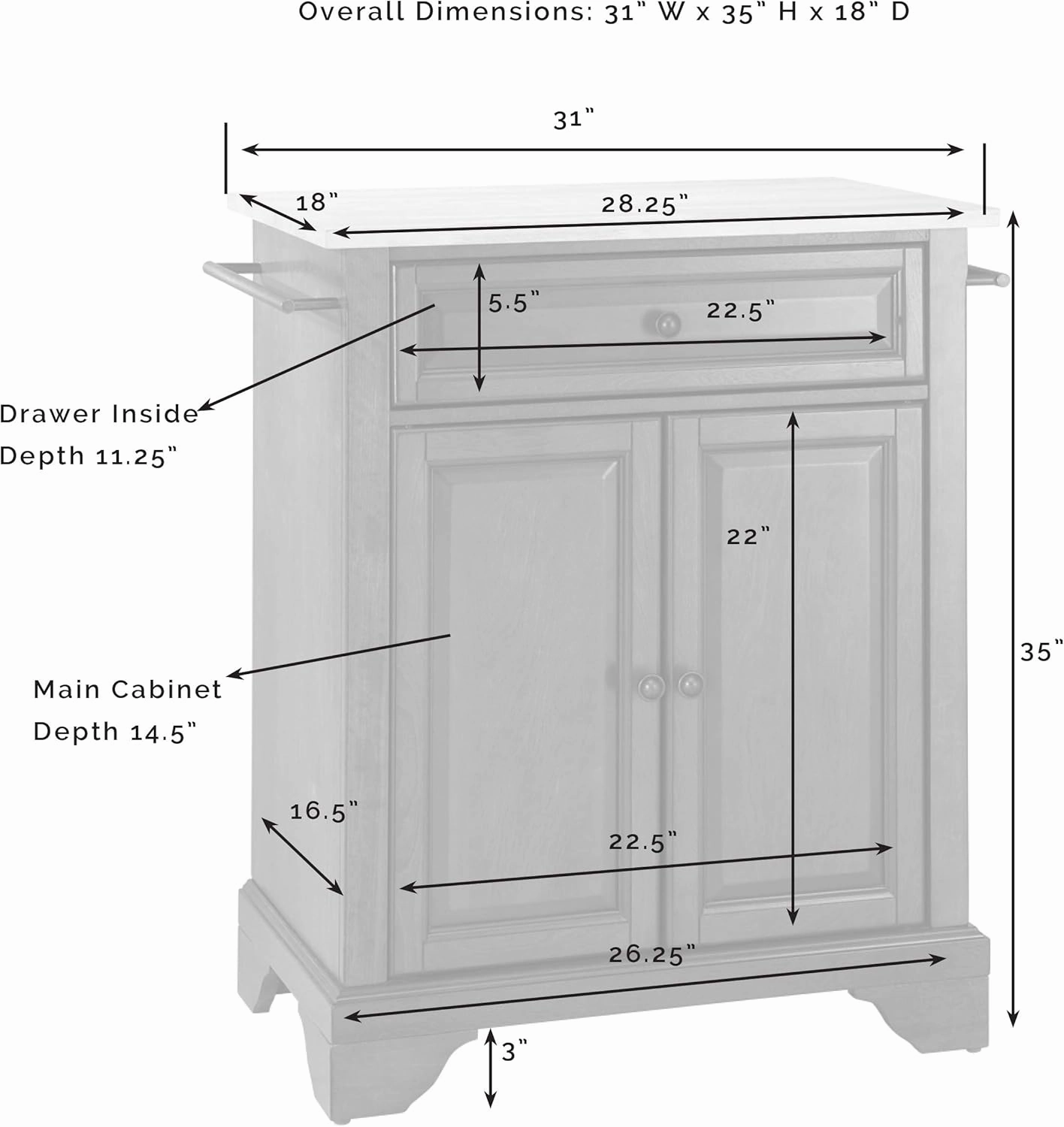 Crosley Furniture Lafayette Stone Top Small Portable Rolling Kitchen Island Storage Cart, Microwave Stand, White