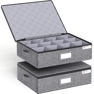Cup and Mug Storage Box with Hard Shell and Dividers for Coffee Mugs, Tea Cups and Glasses Stackable Storage Organizer with Lid , Zipper and Handles, Holds 12 for Packing and Moving, 2 Pack, Grey