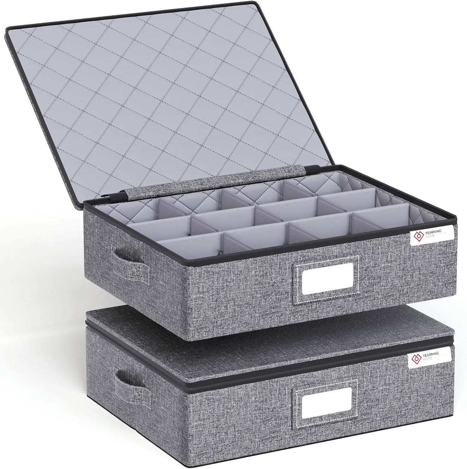 Cup and Mug Storage Box with Hard Shell and Dividers for Coffee Mugs, Tea Cups and Glasses Stackable Storage Organizer with Lid , Zipper and Handles, Holds 12 for Packing and Moving, 2 Pack, Grey