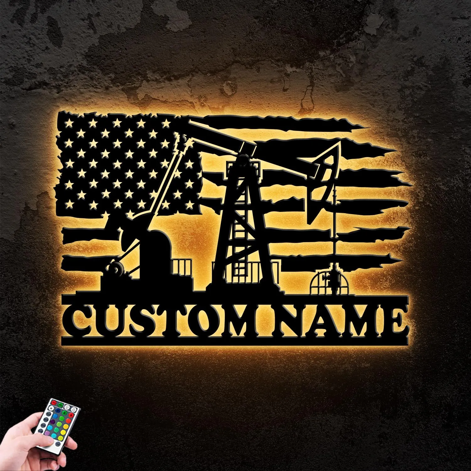 Custom Us Flag Oil Rig Metal Wall Art Led Light, Personalized Oil Field Name Sign Home Decor, American Oilfield Decor, Oil Derrick Art