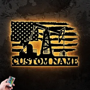 Custom Us Flag Oil Rig Metal Wall Art Led Light, Personalized Oil Field Name Sign Home Decor, American Oilfield Decor, Oil Derrick Art